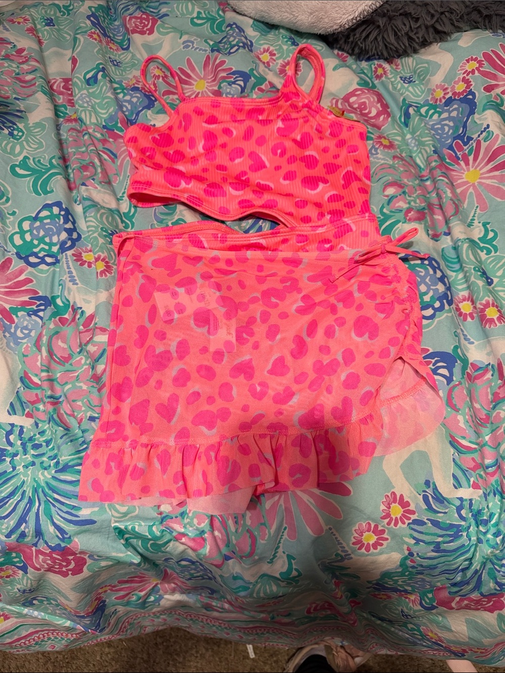 Neon Pink Heart Print Three-Piece Swim Set